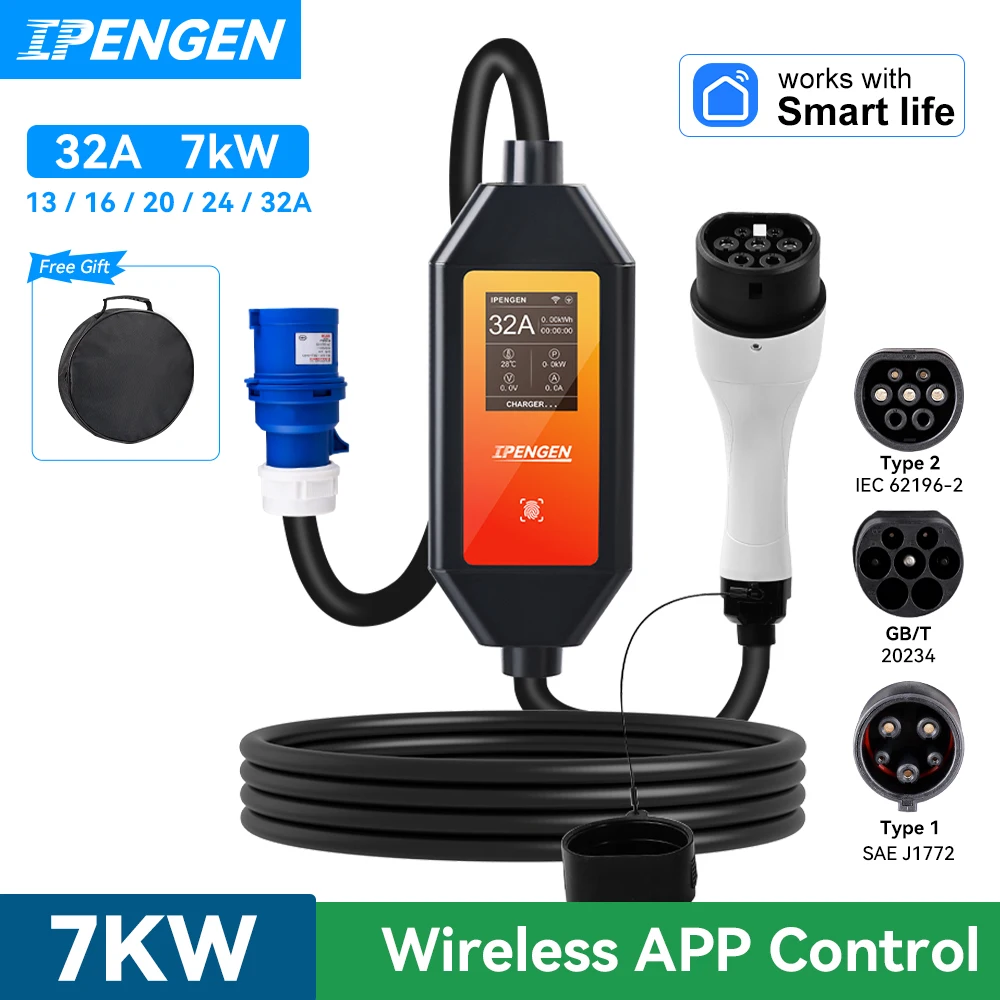 

IPENGEN Type2 IEC62196-2 Portable EV Charger 7KW 32A Type1 J1772 EVSE Fast Charging Cable GBT 20234 CEE Plug WiFi APP Control