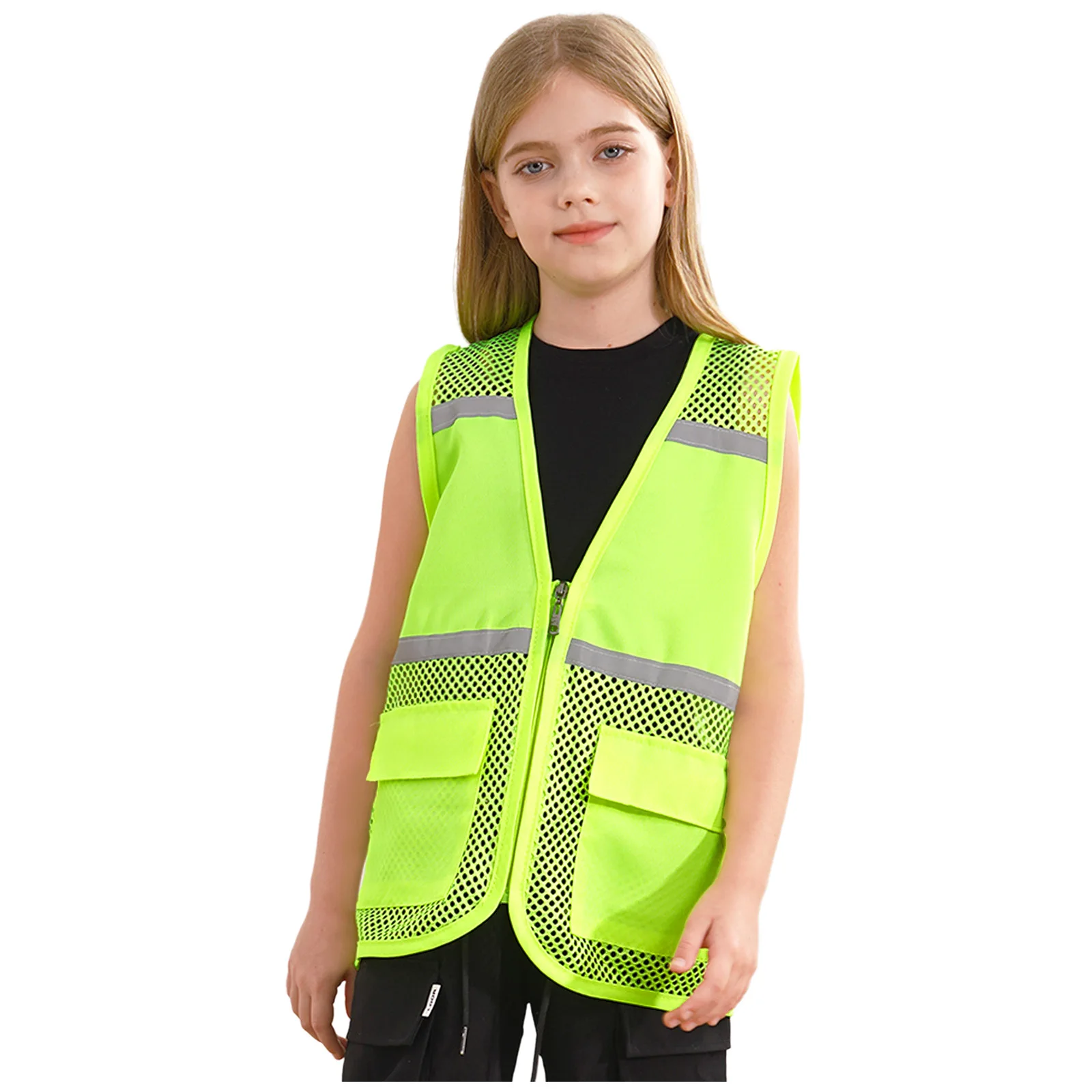 

Kids Boys Girls Safety Vests High Visibility Reflective Hollow Out Mesh Patchwork Volunteer Vest School Camp Activities Uniform