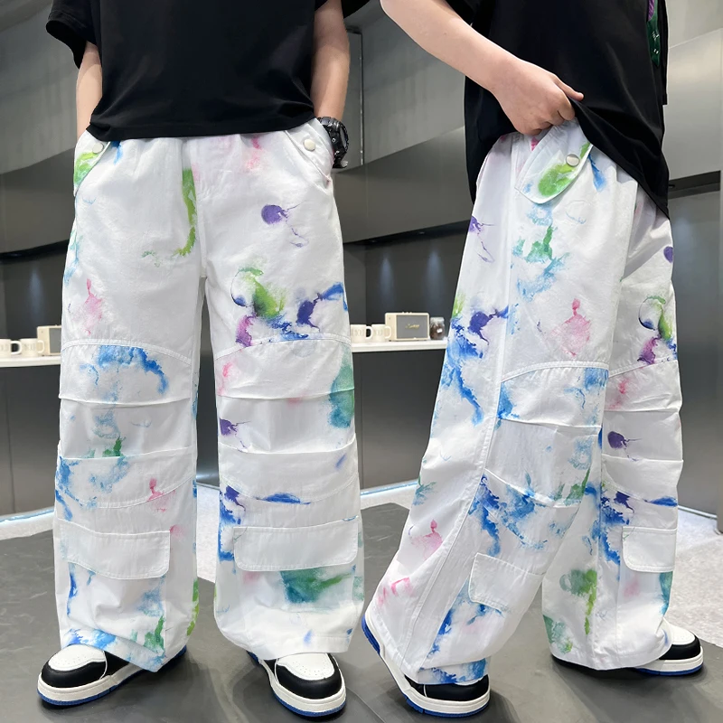 

Teenager Boys Fashion Graffiti Prints Cargo Pants with Pockets Summer Children Long Korean Pants Casual Streetwear Cool Trousers