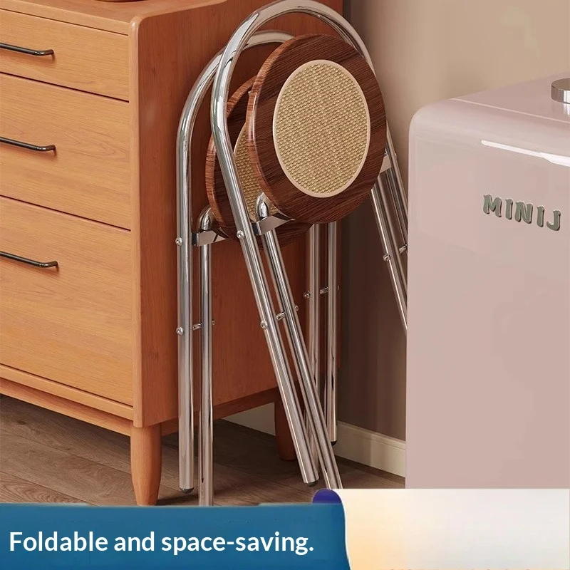 Vintage Folding Rattan Dining Stool Portable Space Saving Wooden Bar Stool Kitchen Counter Seat Small Apartment Balcony Chair