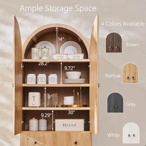 خزانة مخزن مقوسة مخددة، طول 71 بوصة مع أرفف قابلة للتعديل ودرجين، وحدة تخزين المطبخ قائمة بذاتها