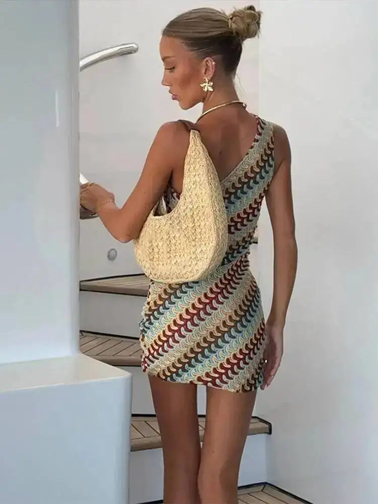 Irregular Printed Knitted Mini Dress For Women Chic Backless Slanted Shoulder Slim Dresses 2025 Summer Holiday Beach Robes 46F1