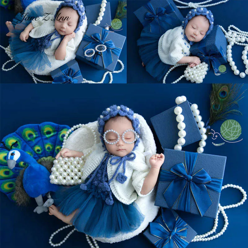 

Newborn photography outfit baby girl photo props pearl hat +blue dress +white cardigan+handbag elegant princess style