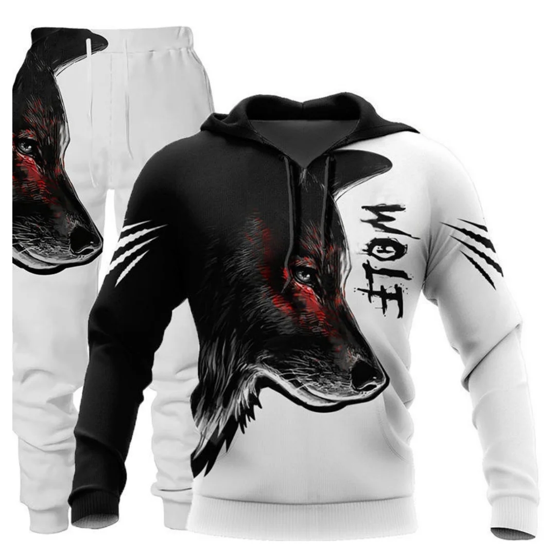 

Модный комплект с капюшоном с рисунком животного, тигра и волка для мужчин, осенне-зимний повседневный свободный комплект из двух предметов, уличная мужская одежда в стиле Харадзюку