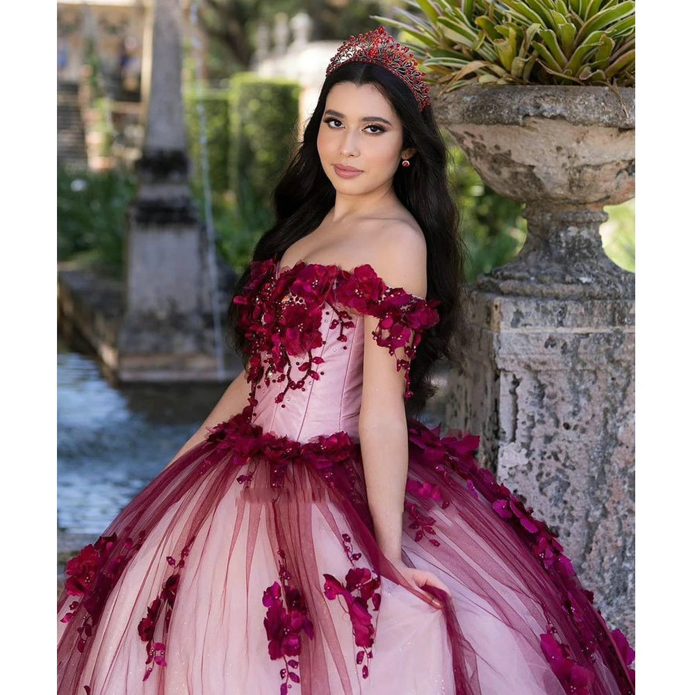 ANGELSBRIDEP Red Pearls Flowers Lace Quinceanera Dress Vestidos De XV Años Off Shoulder Corset Pageant Sweet 15 Party customized