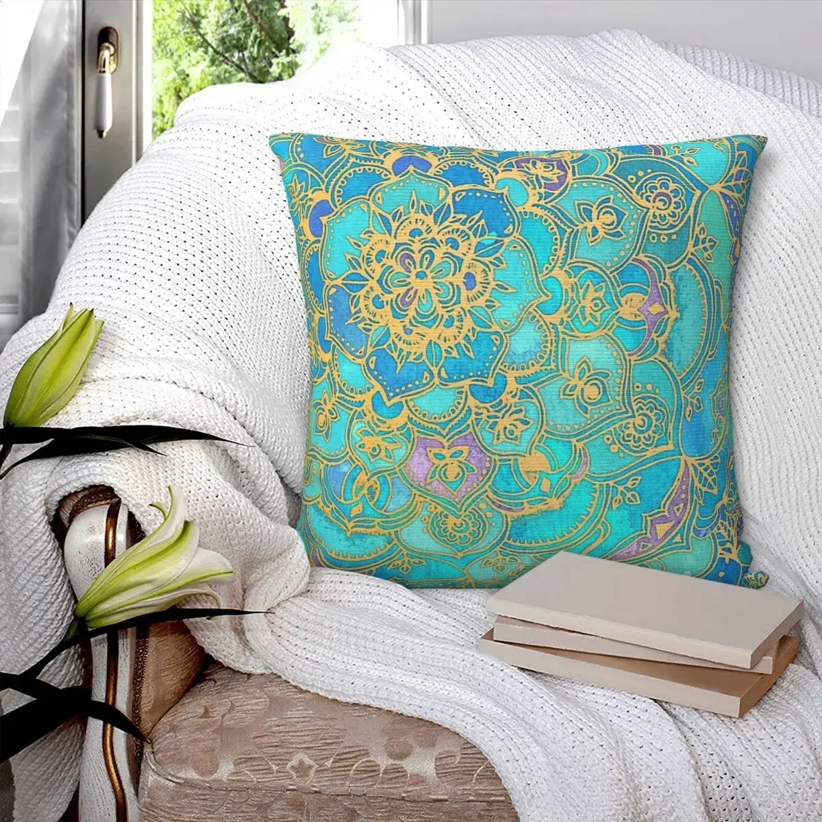 Sapphire & Jade Stained Glass Mandalas Pillowcase Polyester Pillows Cover Cushion Comfort Throw Pillow Sofa Decorative Cushions