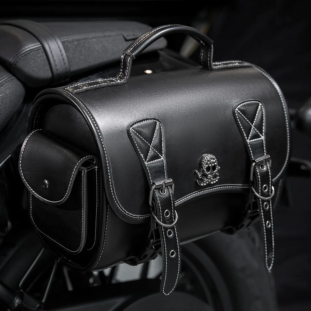 Portable cylindrical motorcycle tail bag, retro double-hook chopper rear pannier, riding storage tool kit