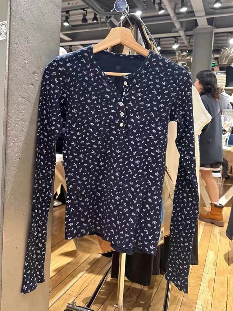 Floral Buttons Slim Long Sleeve T Shirt Spring Round Neck Navy Waffle Cotton Tees Clothes Women Cute Preppy Style Sweet Tops Y2k