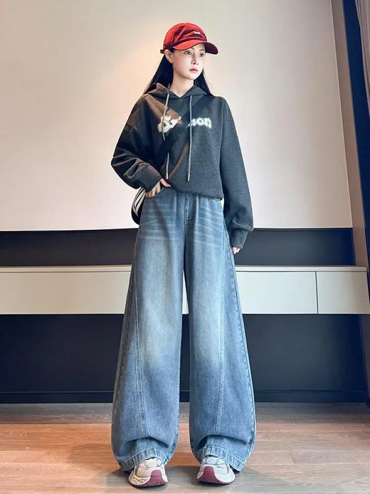 

Осень-зима, синие эластичные широкие джинсы с высокой талией, женские джинсовые брюки больших размеров для отдыха, винтажные свободные длинные брюки, уличная одежда