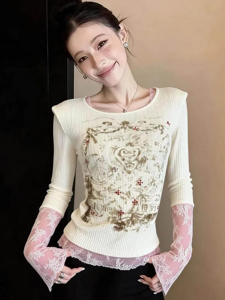 

Fashionable Lace Trim Splice round Neck Long Sleeve T-Shirt Women's Elegant Youthful Short Top Spring New Style Casual Wear