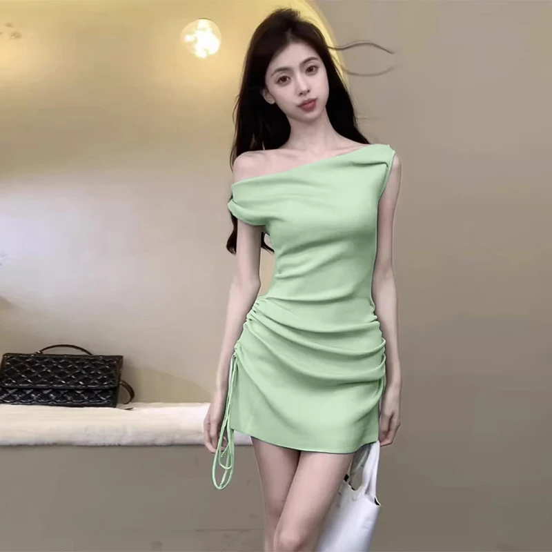 

Cultivate Oneself Off-shoulder Sexy Solid Color Summer Solid Color Drawstring Pleated Women Mini Dress