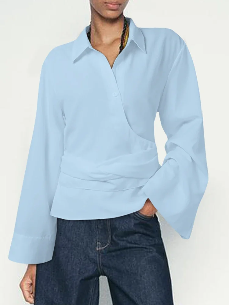 

VONDA Women Fashion Shirts 2025 Autumn Long Sleeve Elegant Office Lady Tops Solid Blouses Casual Lapel Collar Bandage Shirts