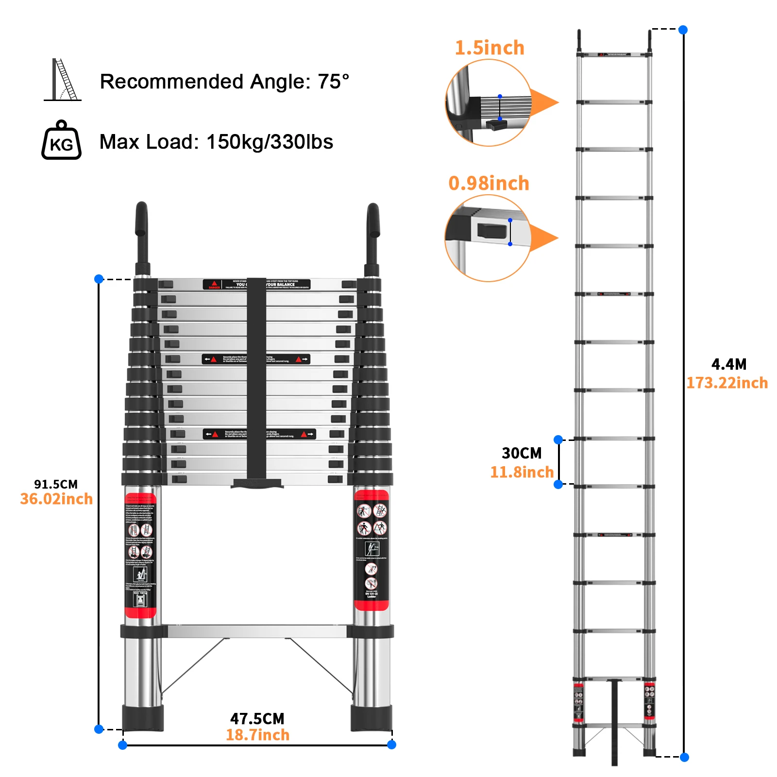 Telescopic Ladder Stainless Steel,load 150kg, Convenient Extendable ,For Pulling Walls, Changing Light Bulbs,Repairing Roofs,RV image 3