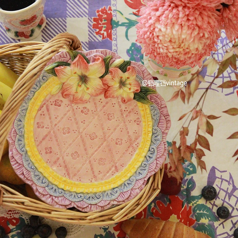 

Dinner plate ceramic underglaze color handmade retro cute pink lily shape large capacity home desktop ornament high temperature