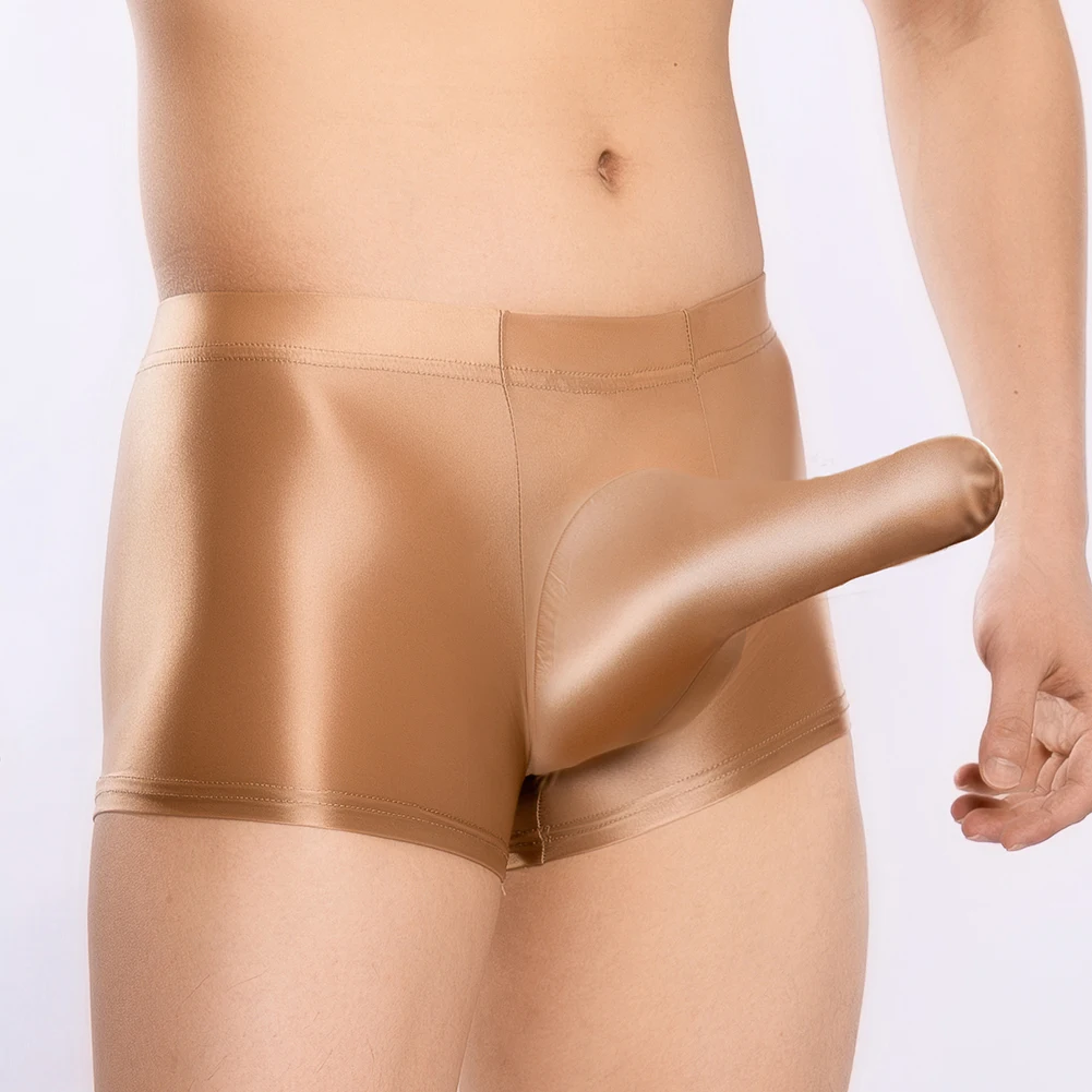 

Mens Low Waist Boxer Trunks with Big Pouch Design Glossy Oil Shiny Sheer Fabric and Stretchy Material for Comfortable Wear