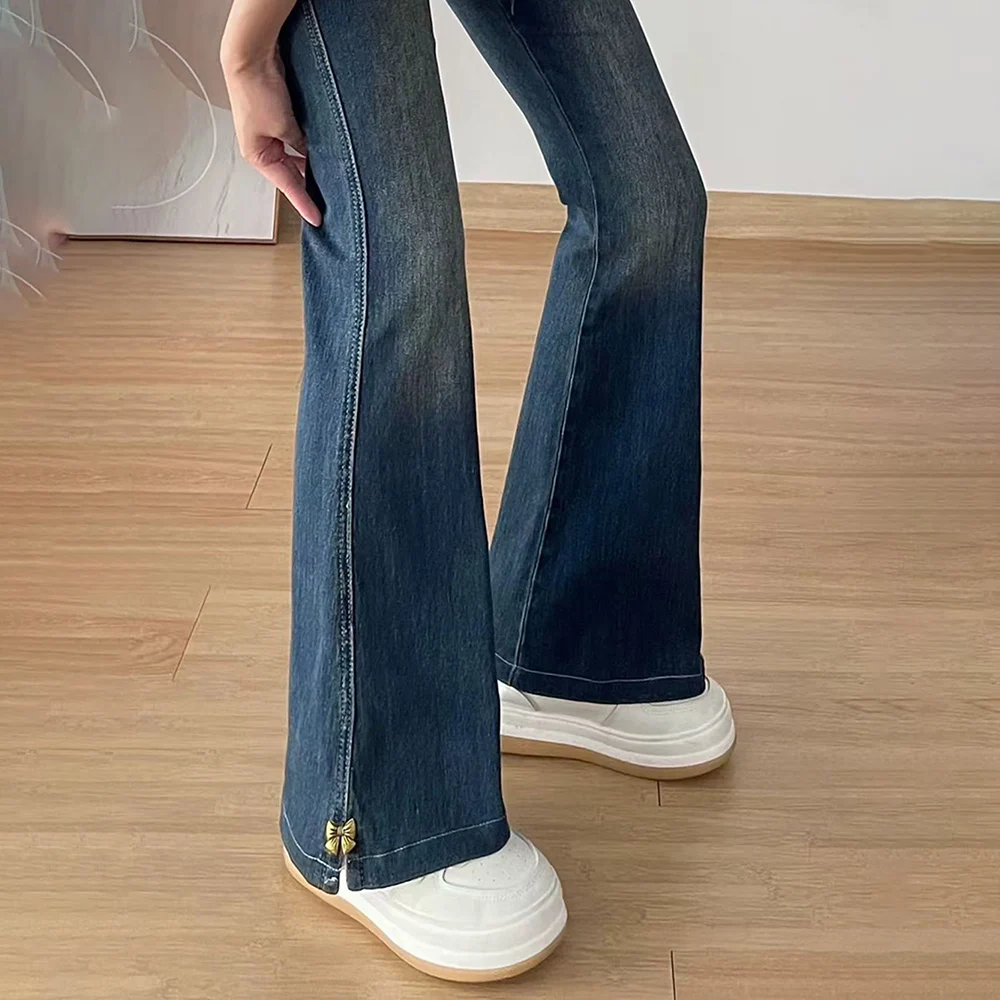 Oversized Split Flared Denim Pants Women Fashion Bow Design High Waist Slim Dark Blue Jeans Spring Autumn Bell-bottoms Trousers