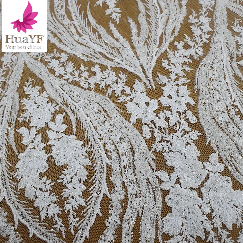 

1Yard Hot selling white beaded bridal lace with sequins for women wedding dress fabric HY2461