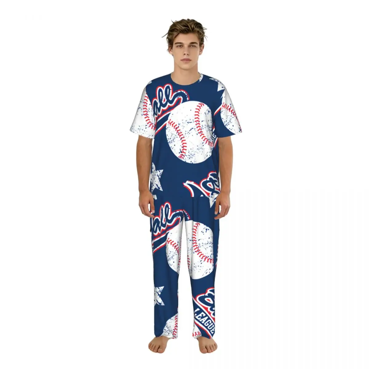 

Men's Casual Pajamas Sets Short Sleeve and Pants Sets Male Sleepwear Baseball Stars Home Clothes