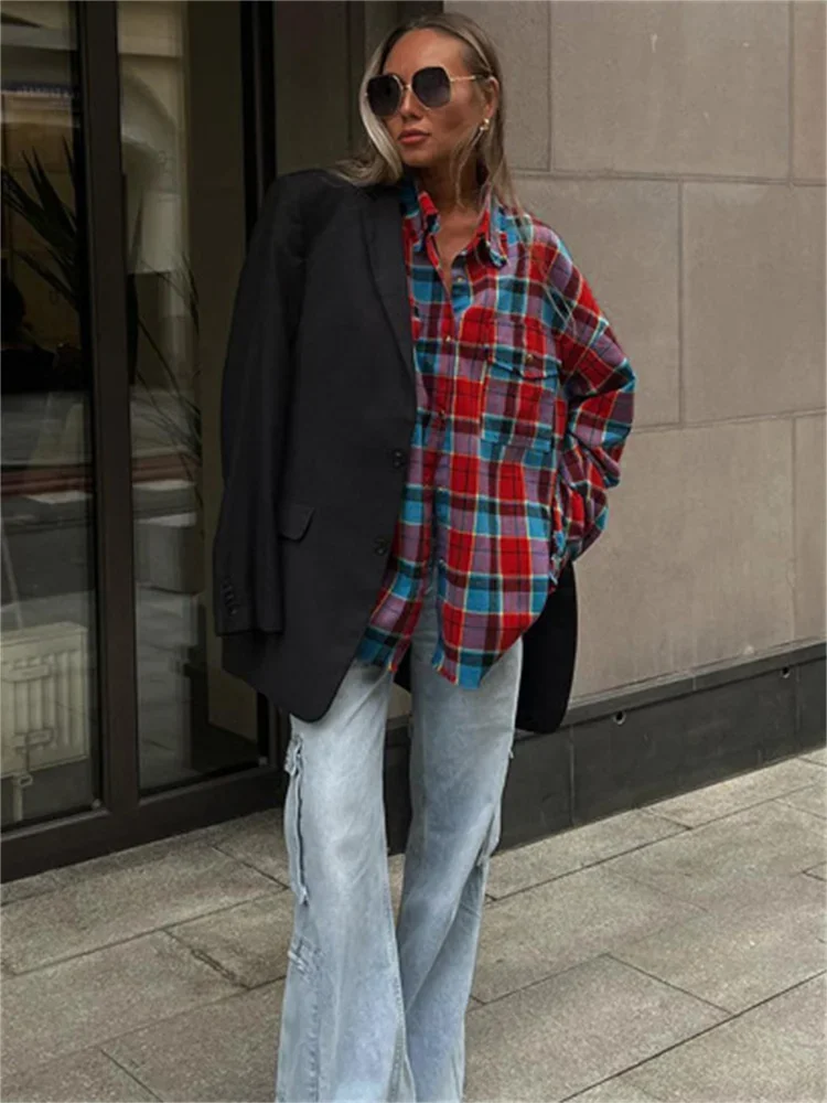 

Женская винтажная свободная рубашка в стиле пэчворк с контрастными вставками, длинными рукавами и карманами, осенняя верхняя одежда, футболка