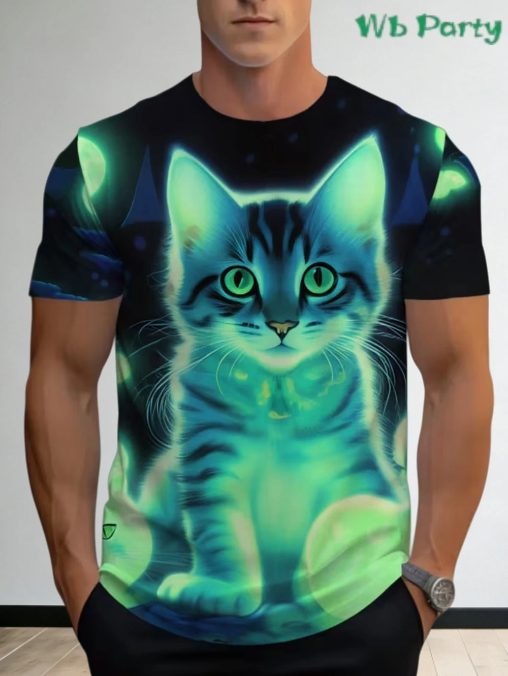 Men's 3D Cat Pattern T-Shirt - Bright Neon Cool Animal Print Street Short Sleeved Round Neck Casual Summer Men's Y2k T-Shirts