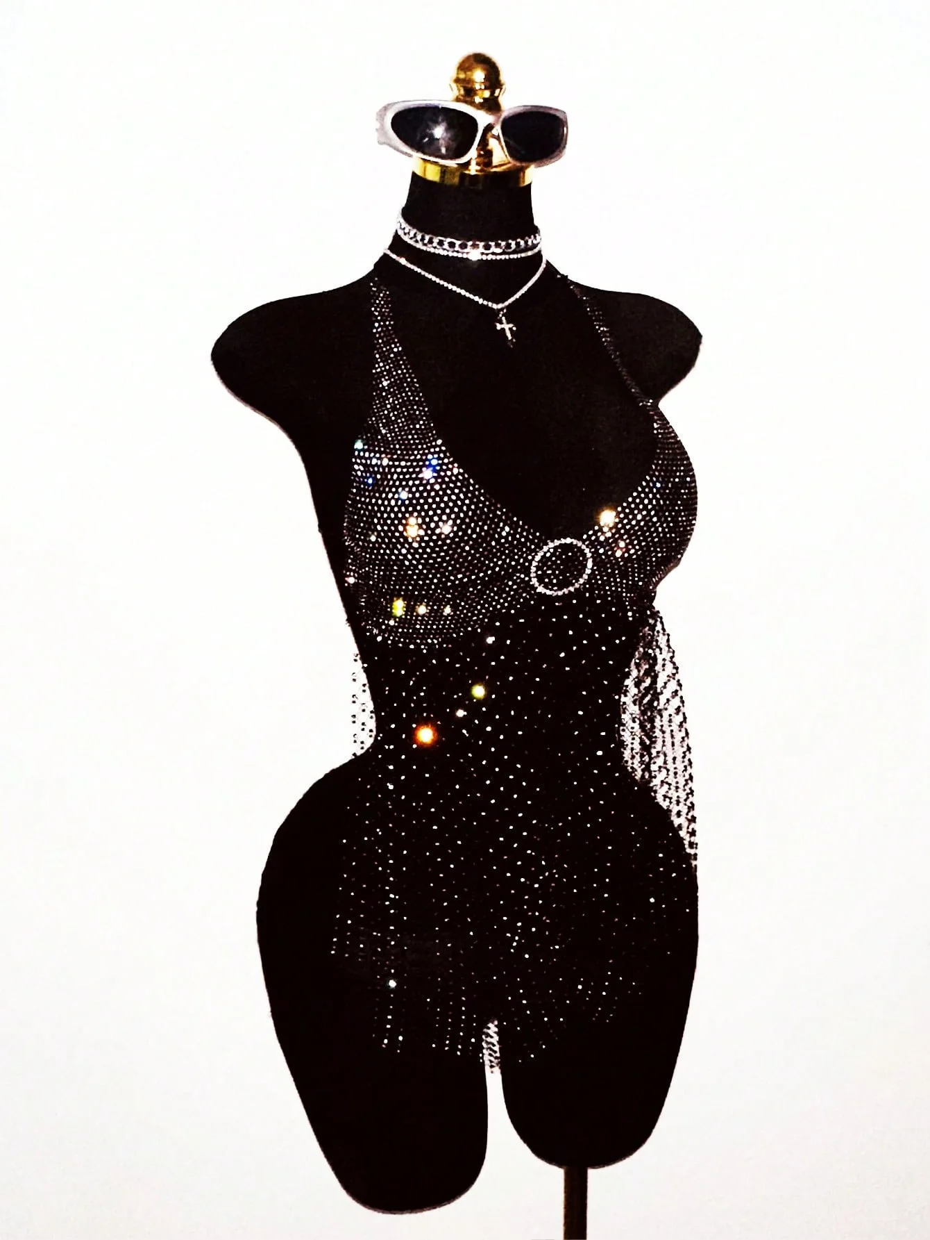 Shiny Rhinestone Mesh Tank Top For Women Sexy Hollow See Through Fishnet Backless Halter Neck Crop Top Rave Party Club Camisole