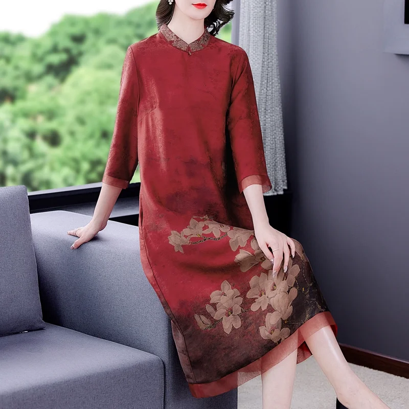 2023 New Fashion Printed Silk Dress Autumn Versatile Silk Knee Length Dress Chinese Loose Fit Party Dress Vestidos