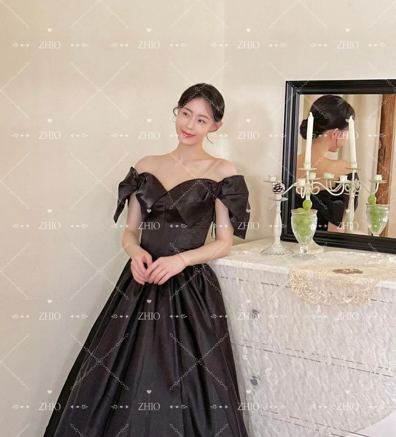 ZHIO Classic Shiny Black Wedding Party Dress Off Shoulder A-Line Korea Photo Shoot Bridal Reception Gown Customized 웨딩드레스