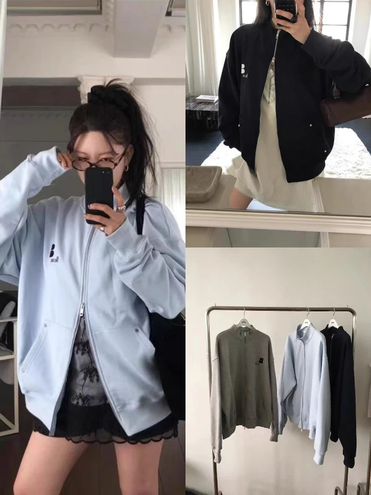 

Весенняя повседневная толстовка на молнии с вышивкой, воротником-стойкой, длинными рукавами, однотонная, в уличном стиле, женская верхняя одежда