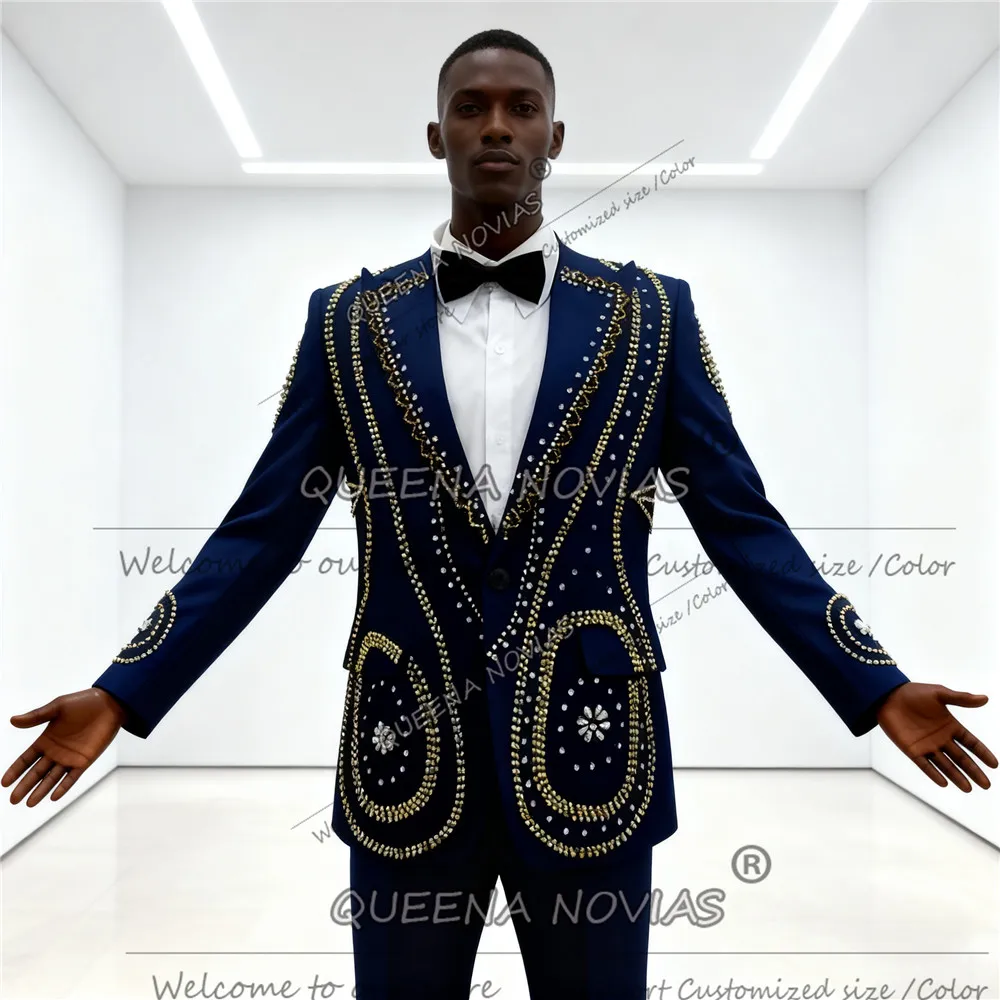 

Мужской модный костюм с кристаллами и бисером Attרה Мужской облегающий индивидуальный комплект из 2 предметов Костюм Homme Жених Выпускной Блейзеры Свадебные смокинги
