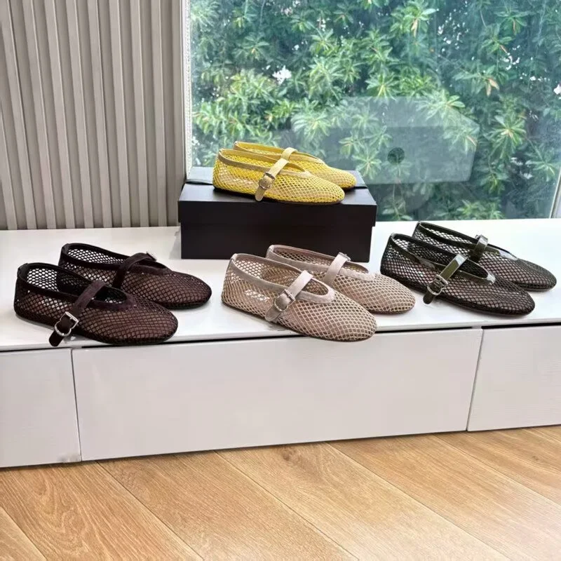 Designer Brand Original Summer Fashionable Genuine Leather Mesh Hollow Strap Mary Jane Single Shoes Women's Flat Ballet Shoes