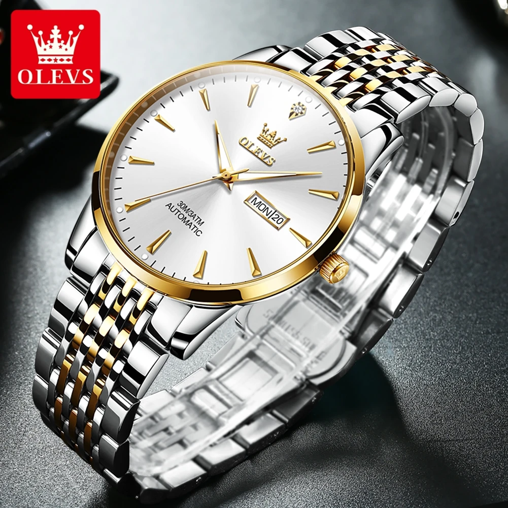 OLEVS 6635 reloj para hombre, reloj mecánico Original de marca superior para hombre, relojes de negocios de acero inoxidable resistente al agua hasta 30M con calendario Dual