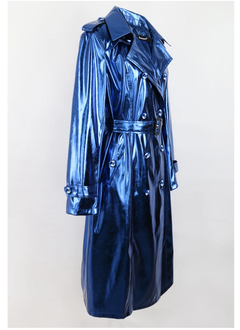 Nerazzurri Spring Autumn Long Shiny Reflective Patent Leather Trench Coat for Women Sashes Double Breasted European Fashion 2022