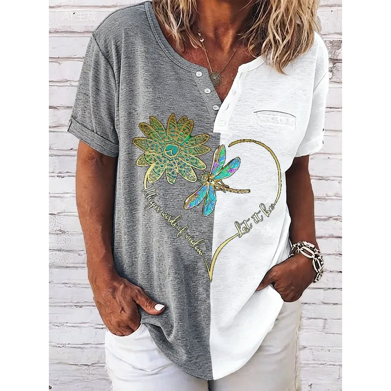 ilstile Women's Let It Bet Print T-Shirts Summer Short Sleeve Casual Loose T Shirt Retro Hippie V Neck Tops Tees NEW