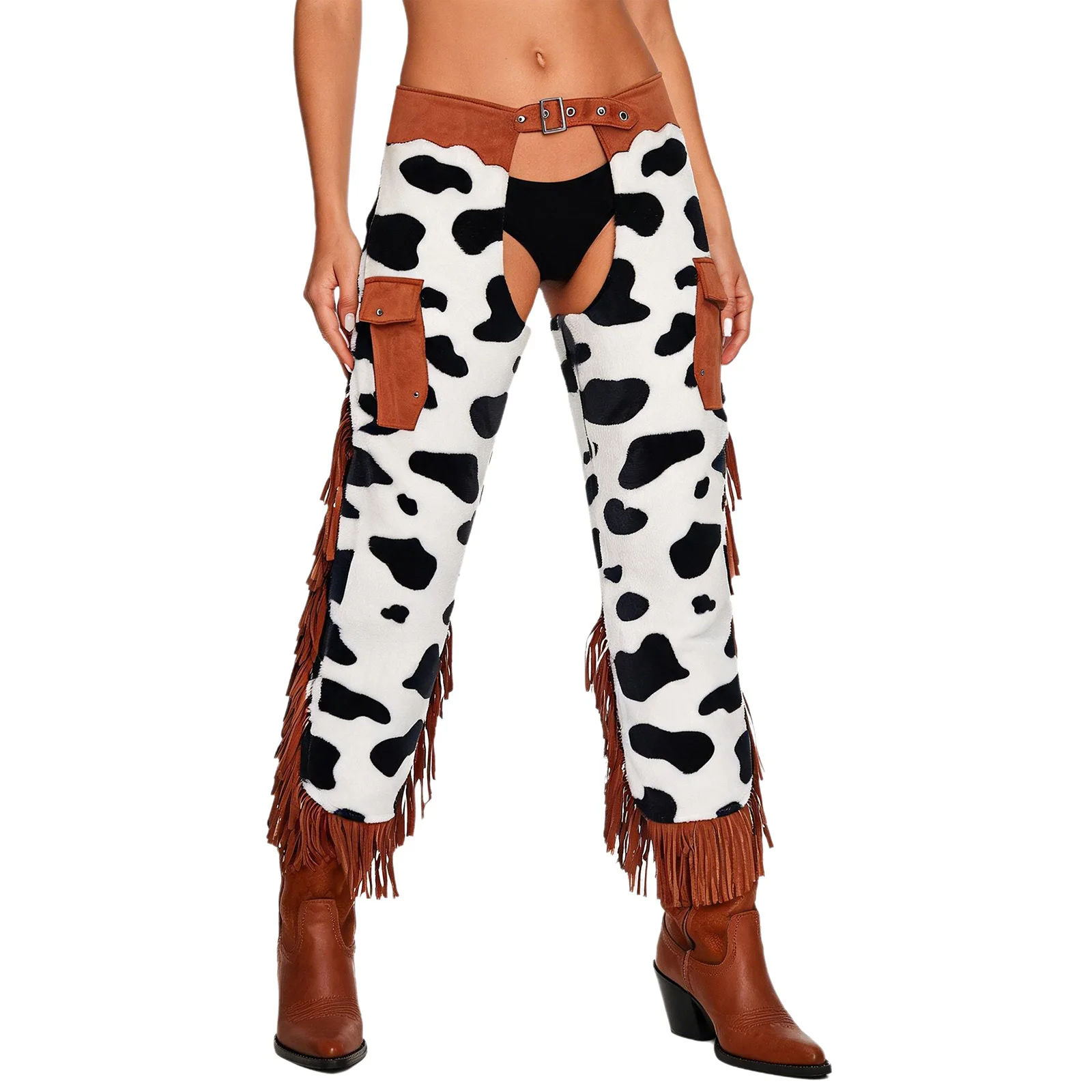 Womens Cowgirls Flannel Chaps Cowboy Costume Bottoms Cow Spot Print Side Tassel Hollow Out Adjustable Waist Assless Capri Pants view 4