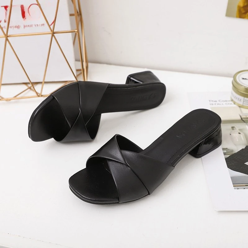 2024 Summer New Fashion Open Toe Solid Color Simple Leather Surface Candy Color Large Slippers Square Heel Shoes Women