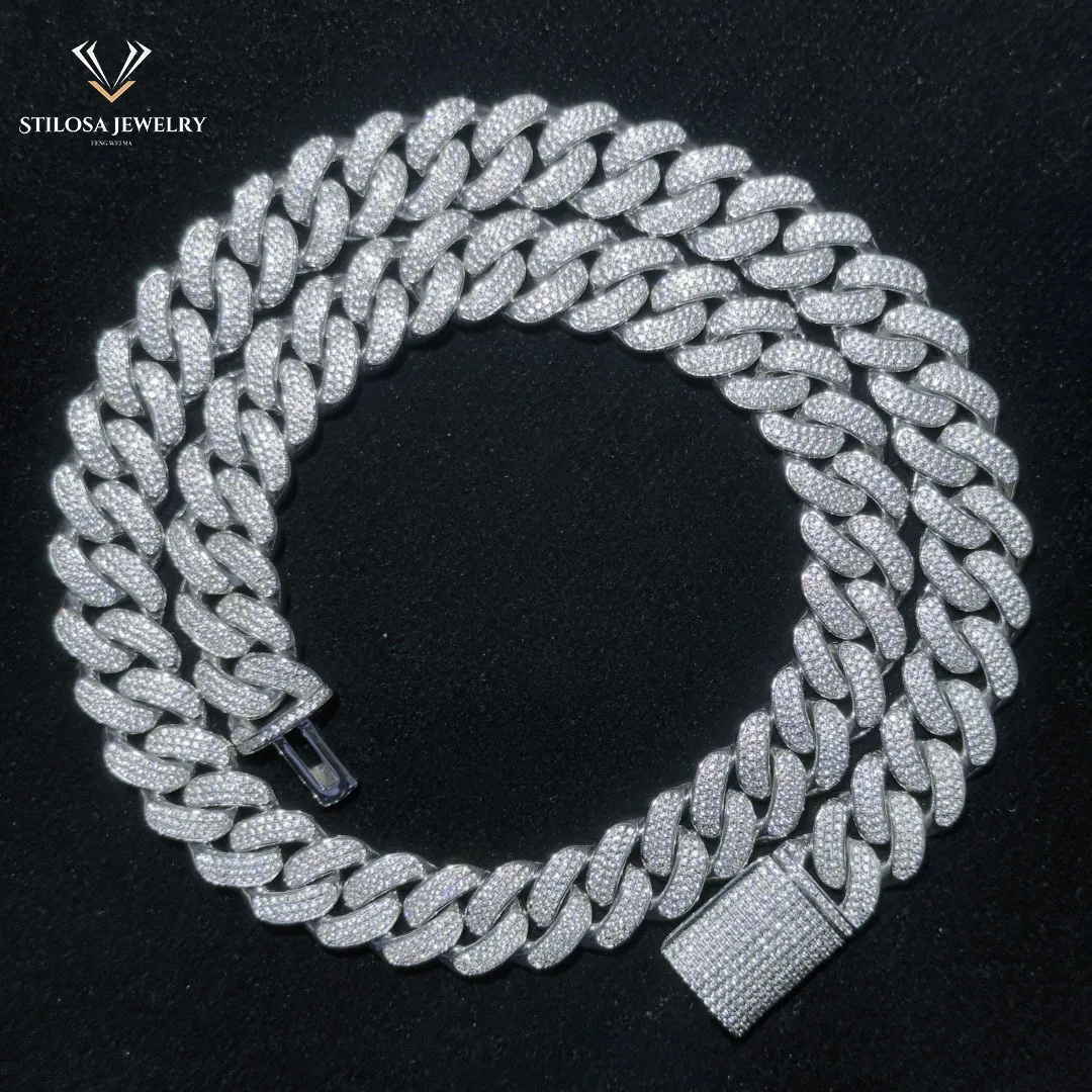 

Fashion jewelry hip-hop necklace 16mm 3 rows VVS Moissanite Cuban Chain With 925 Silver Necklace For Men Women