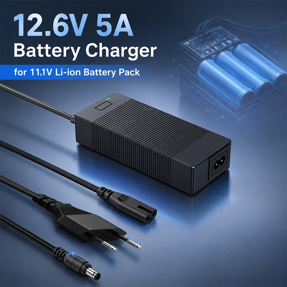 12.6V 5A Lithium Battery Charger for 11.1V 10.8V 3S Li-ion Battery Pack 63W AC 100-240V CC CV Charging Adapter LED Indicator