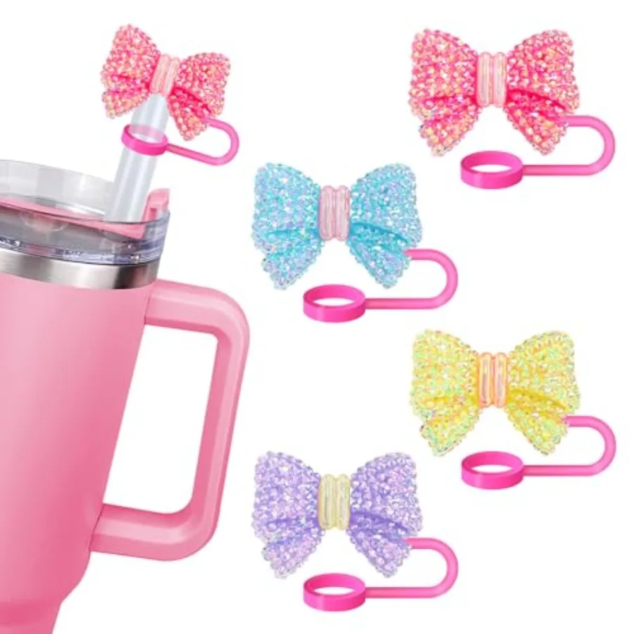 Paquete de 4 tapas de cubierta de paja con lazo bonito para Cup30 40 Oz, adorno de paja de silicona Compatible con taza de botella de agua de 10mm a prueba de polvo Reusa
