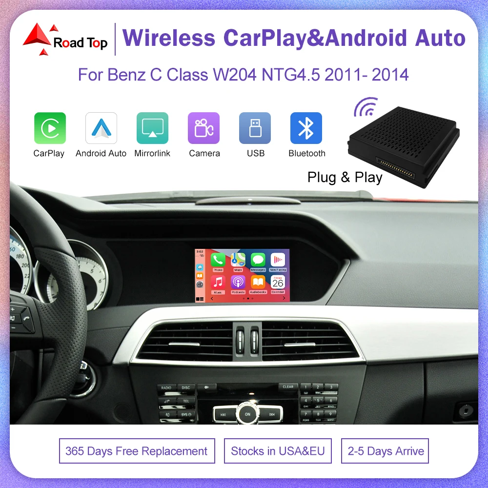 Road Top Wireless Carplay Android Auto for Mercedes Benz C Class W204 NTG4.5 Plug And Play Airplay Mirror Link USB Video Cameras