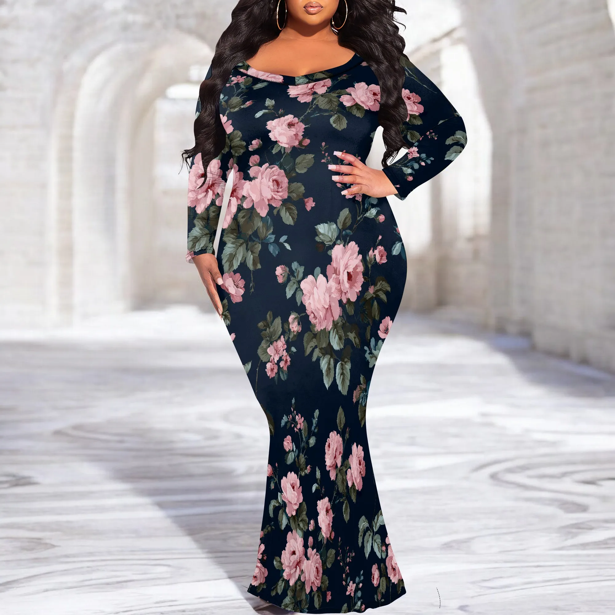 Abito da festa maxi super elastico da donna con stampa floreale primaverile e maniche a 3/4 con scollo a V