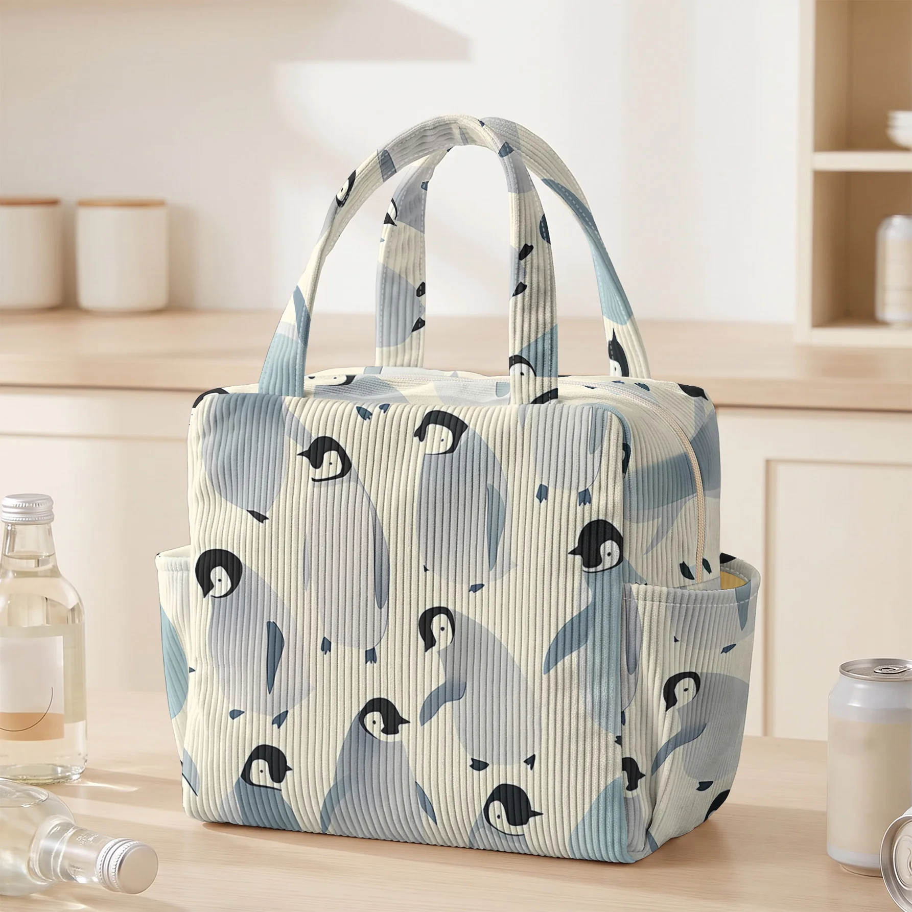 Penguin Print Insulated Lunch Bag Large Capacity Thermal Tote Bag For Work Picnic Daily Use