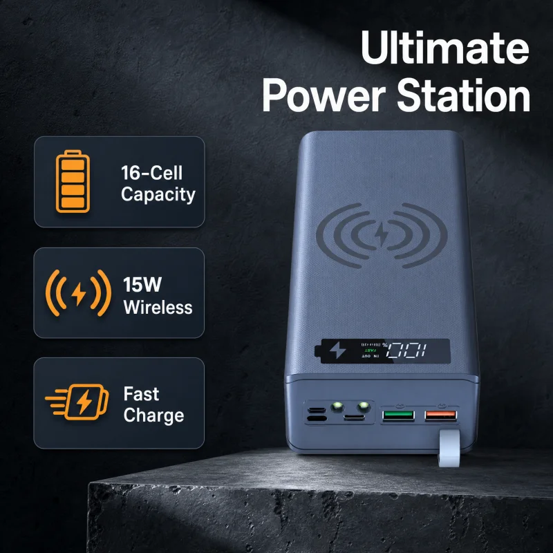 Portable 16 Slots 18650 Power Bank Case 15W Wireless Fast Charging Shell Digital Display LED Indicator (Battery Not Included)
