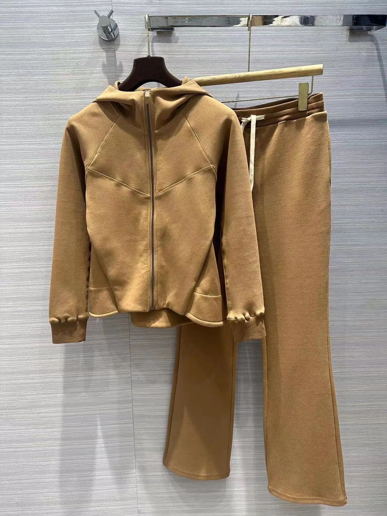 Autumn and Winter Elegant Hooded Zipper Waist Sweat Straight Micro-flared Pants Sports suit