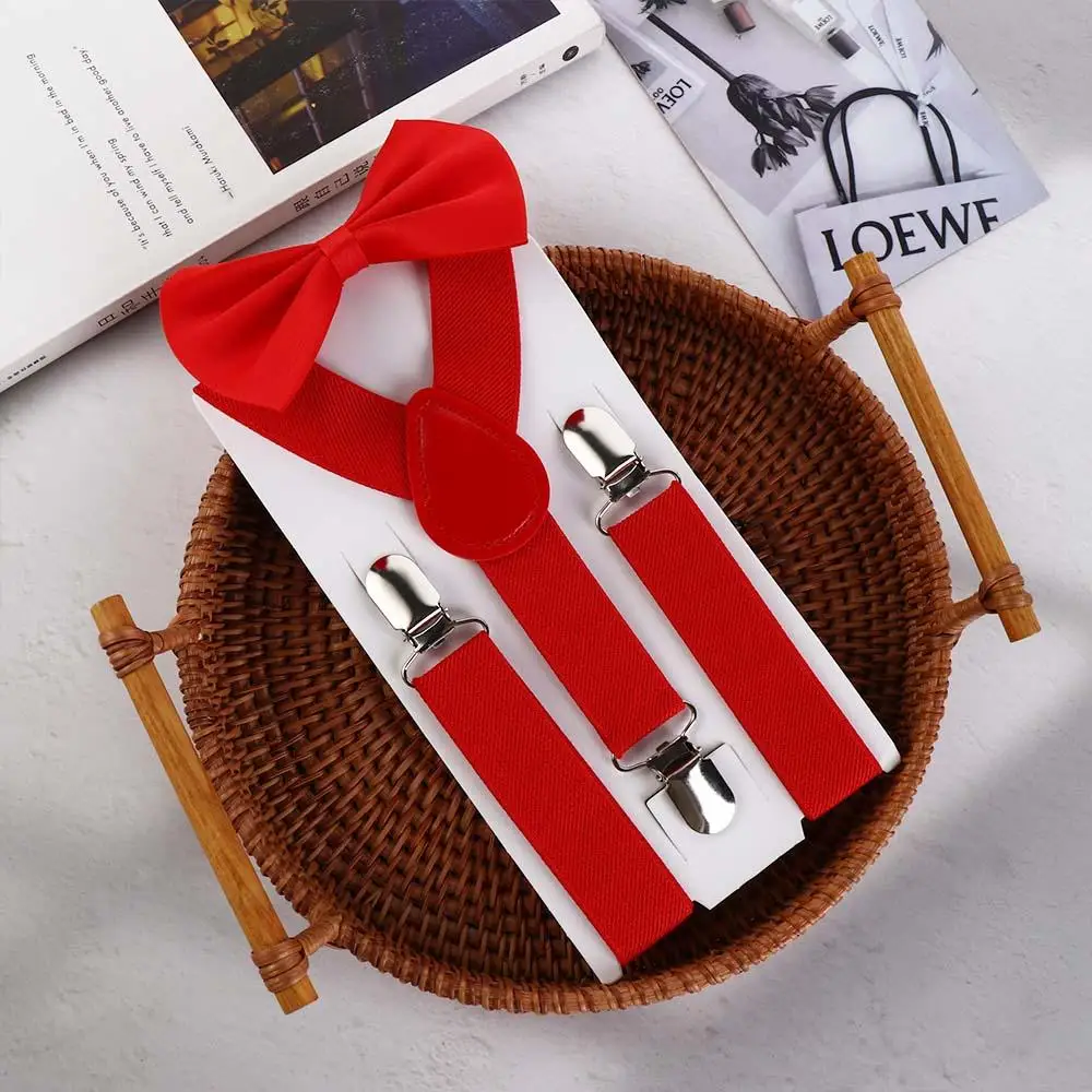 Fashion Solid Color For Children Strap Strap Clip Performance Hanging Pants Clip Tie Suspenders Set Suspenders Clips Bow Tie
