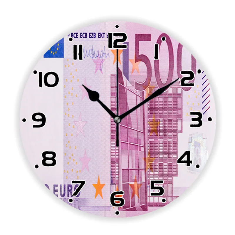 Funny Five Hundred Euro Banknotes Money Wall Clock for Home Decor Bill Notes Large Wall Watch Living Room Office Kitchen Gift