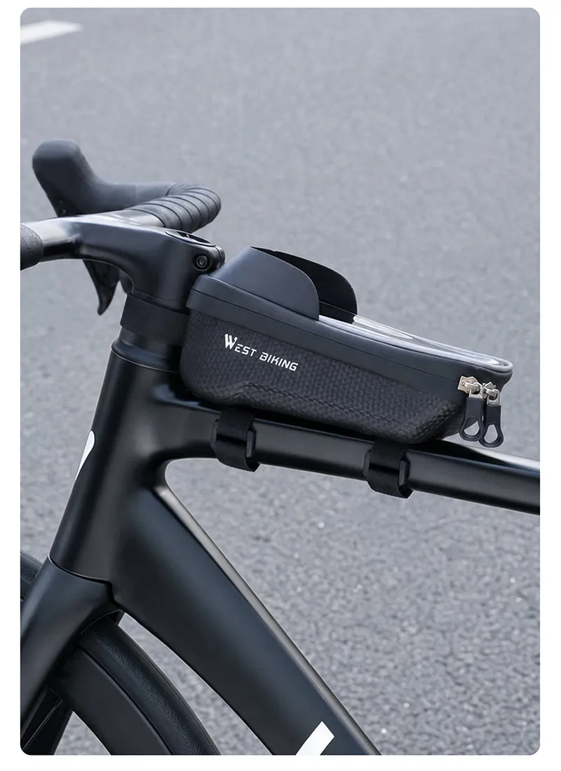 WEST BIKING Touchscreen-Fahrradtasche für Handys, wasserdichte Hartschalen-Oberrohrtasche für Straßen- und Mountainbikes mit dreifach stabilem Haken – Detail 12