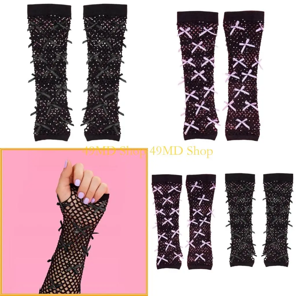 49md-網目ハーフフィンガーグローブ-ラインストーン付き-ちりばめられたちょう結びハンドグローブ-イベント用