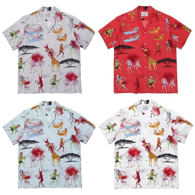 

24ss Summer New WACK Hawaii Sand Shirt Ghosts Graffiti Illustration Print Men Woman 1:1 Good Quality Casual Tops Tee