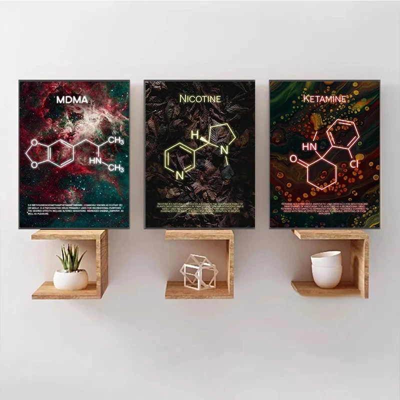 Retro Chemical Formula Drug Molecules Ketamine MDMA Psilocybin Molecule Art Poster Canvas Painting Wall Print Picture Home Decor