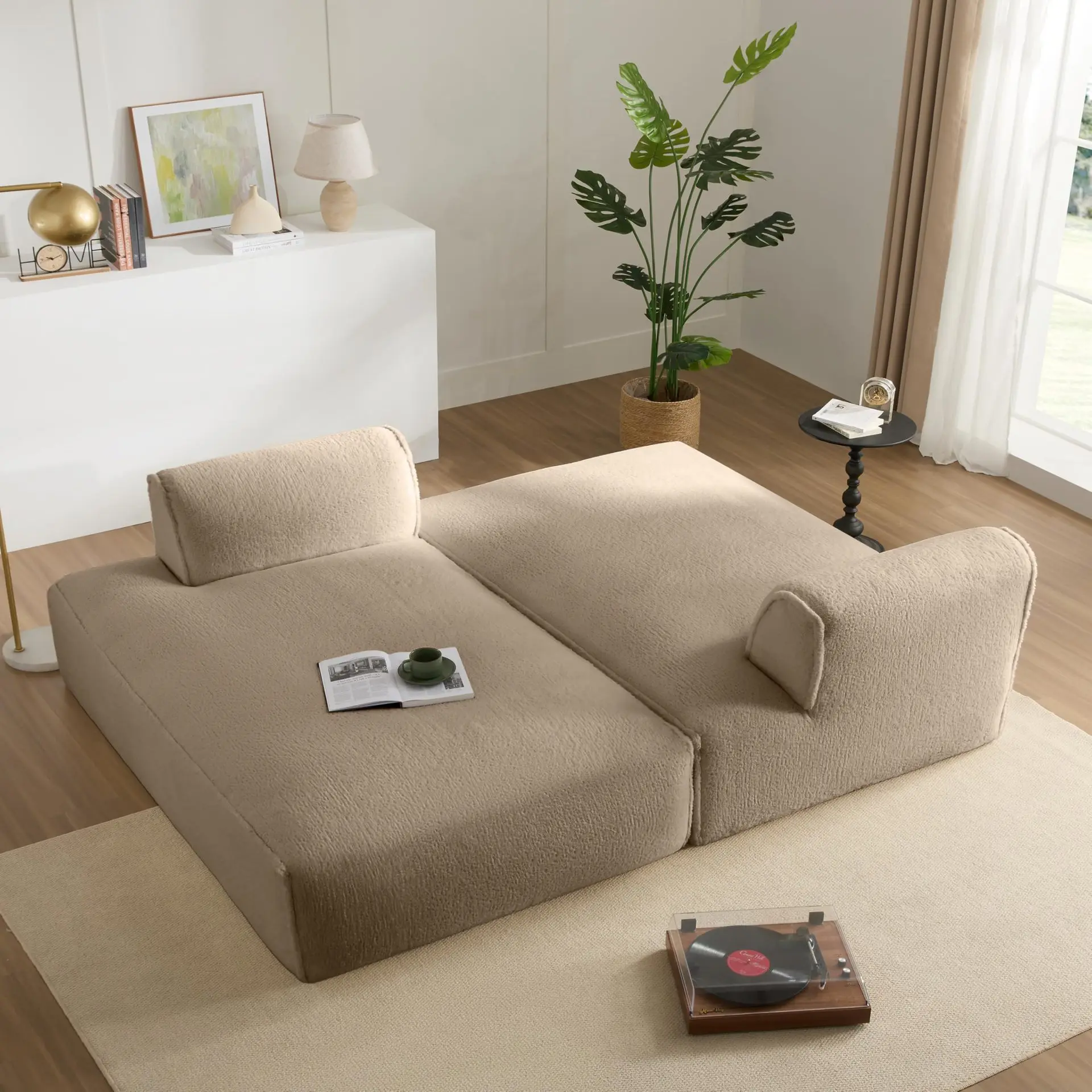 

#Beige Teddy Fabric Modular Sectional Sofa Oversized Floor Lounge Couch with Detachable Side Armrest for Living Room Bedroom
